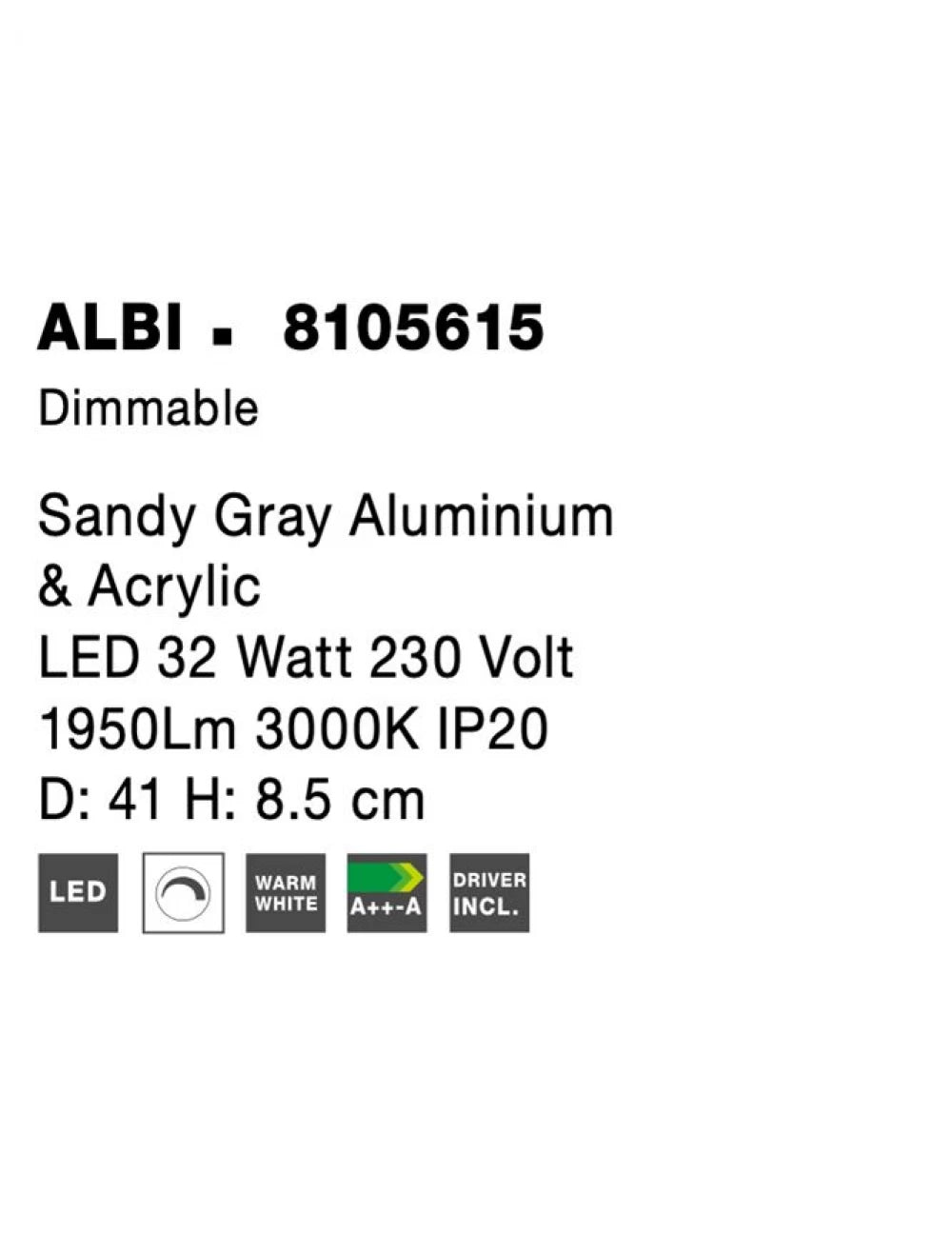 Plafoniera structura din Aluminiu Gri si abajur din Acrilic Alb H8.5xL41cm IP20 32W 1952lm 3000k ALBI