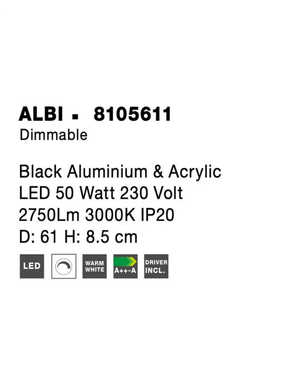 Plafoniera din Aluminiu Negru H8.5xL61cm IP20 50W 2876lm 3000k ALBI