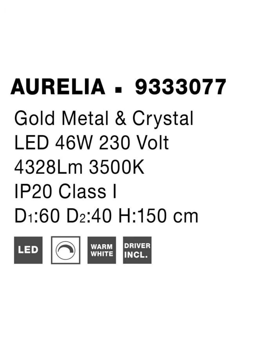 Candelabru structura din Metal Auriu si abajur din Cristal Transparent H150xL60cm IP20 46W 4328lm 3500k AURELIA