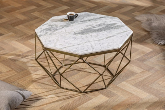 Masuta de cafea asimetrica din marmura si Metal Alb/Auriu L69xH38cm Diamond