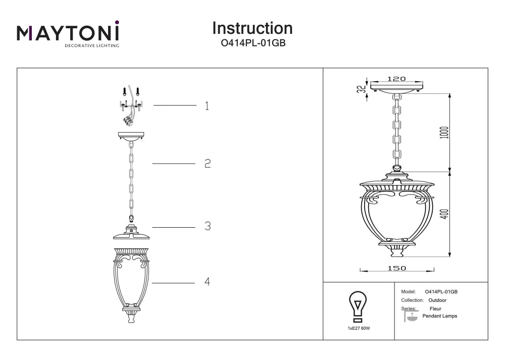 Pendul exterior cu inaltime reglabila cu 1 becuri E27 60W L15x40xHcm Fleur