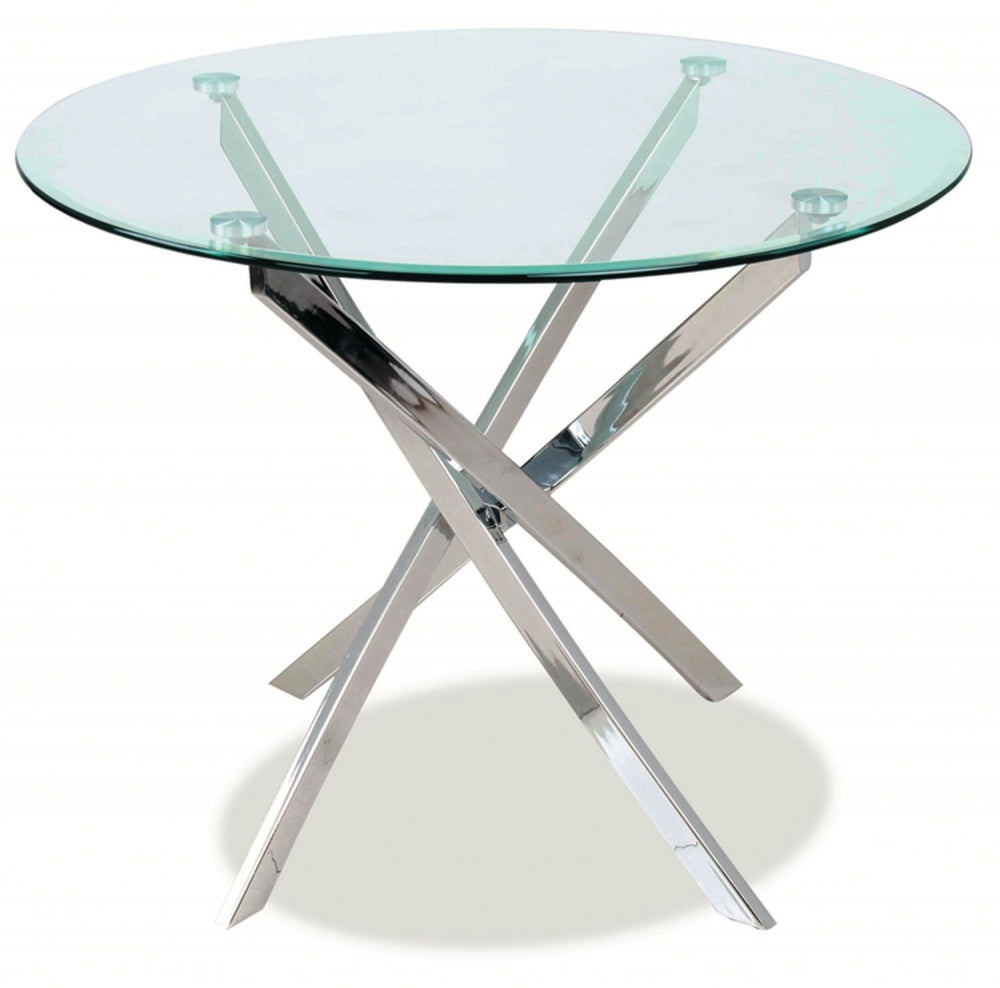 Masa Rotunda cu blat din Sticla securizata Transparenta si structura din Metal Argintiu de 4 persoane D90cm Agis