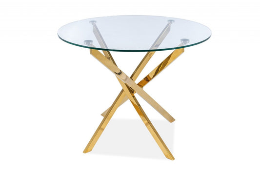 Masa Rotunda cu blat din Sticla securizata Transparenta si structura din Metal Auriu de 4 persoane D90cm Agis