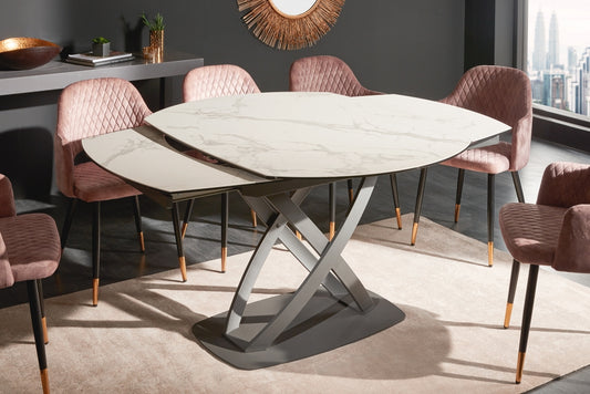 Masa dreptunghiulara extensibila de 6-8 persoane din Ceramica+Sticla securizata si Metal Alb/Negru L130-190xH75cm Inception