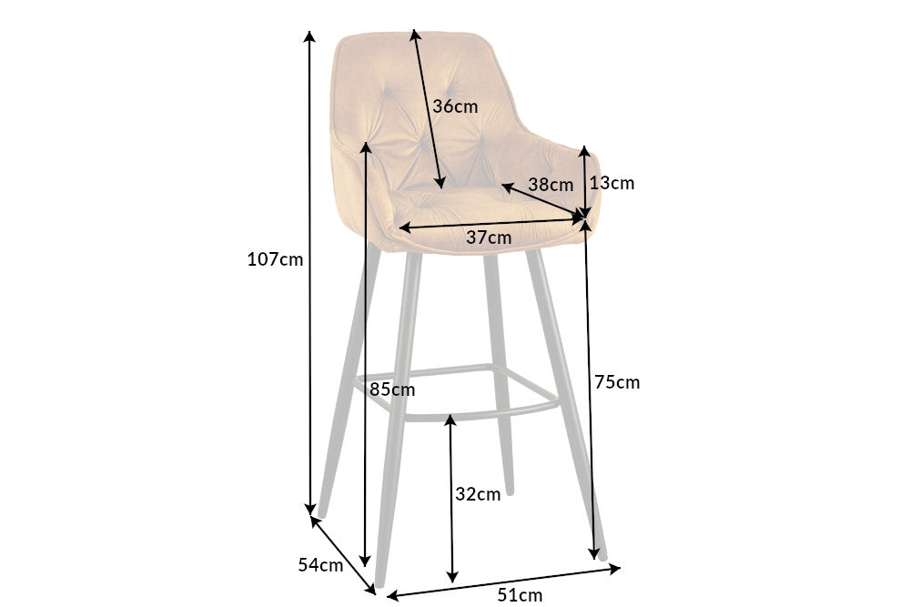 Scaun de bar tapitat cu Catifea Galben cu picioare din Metal Negru H107xL51xA54cm Milano