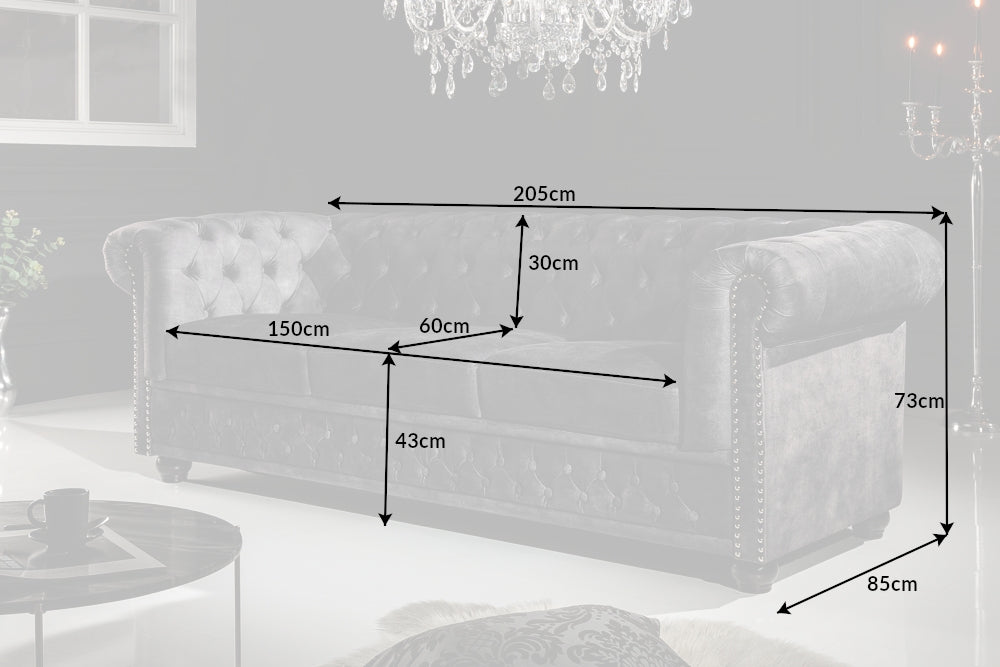 Canapea fixa de 3 locuri tapitata cu Catifea Gri L205cm Chesterfield