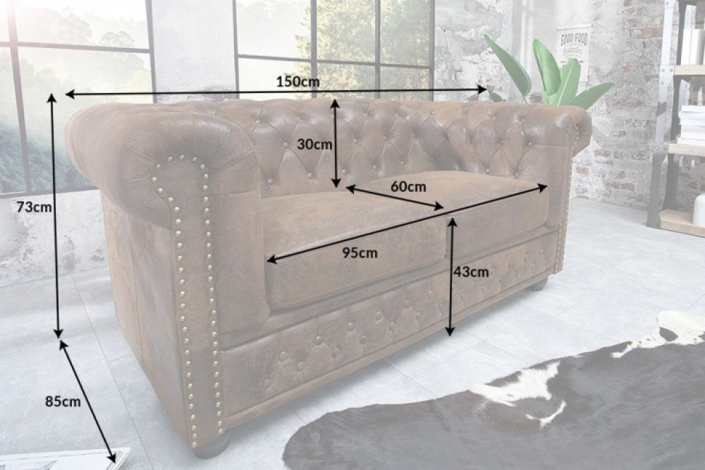 Canapea fixa de 2 locuri tapitata cu Microfibra Maro antichizat L150cm Chesterfield