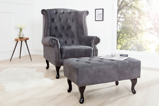 Fotoliu tapitat cu Microfibra Gri cu picioare din Lemn masiv Maro H105xL85xA80cm Chesterfield