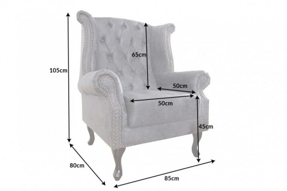 Fotoliu tapitat cu Microfibra Gri cu picioare din Lemn masiv Maro H105xL85xA80cm Chesterfield