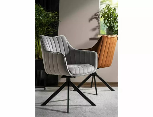 Scaun rotativ tapitat cu Catifea Gri deschis cu picioare din Metal Negru H86xL61xA58cm Azalia