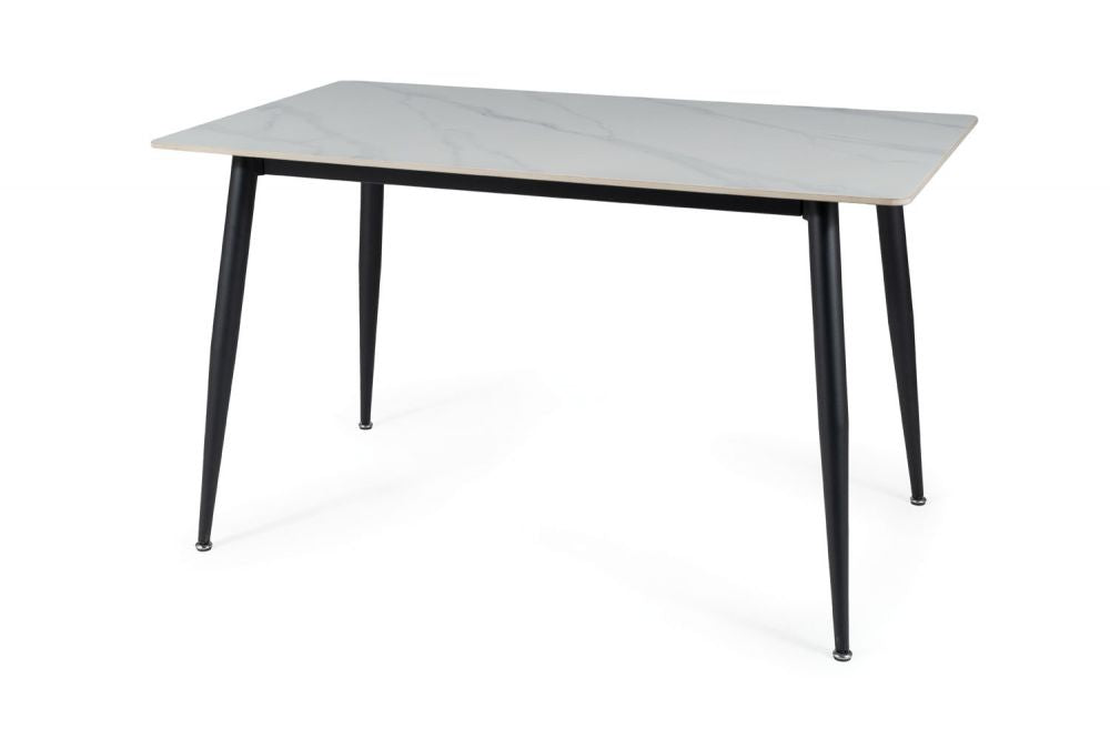 Masa dreptunghiulara cu blat din Ceramica cu efect de marmura Alba si picioare din Metal Negru L160xH76cm