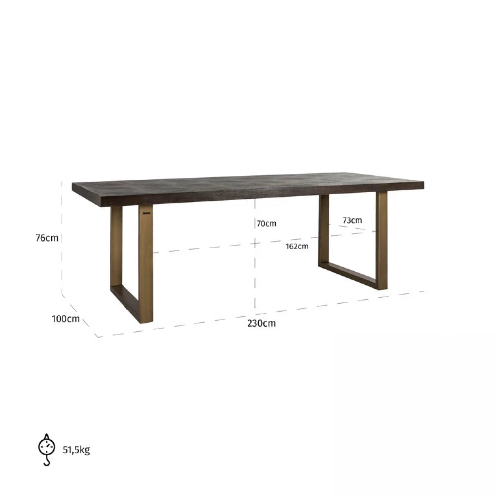 Masa Dreptunghiulara de 6 persoane din Furnir de stejar Maro si Metal Alama L230xH76cm Luxor Richmond Interiors