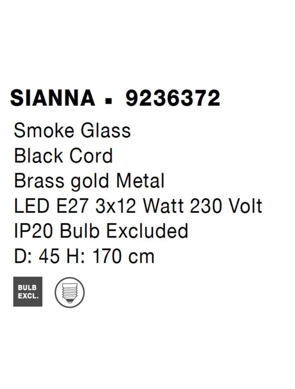 Candelabru structura din Metal Auriu si abajur din Sticla Fumuriu H170xL45cm IP20 SIANNA