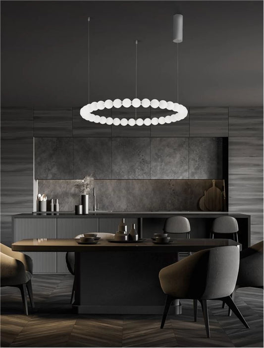 Lustra structura din Metal Argintiu si abajur din Sticla Alb H200xL80cm IP20 72W 6492lm 3000k PERLA