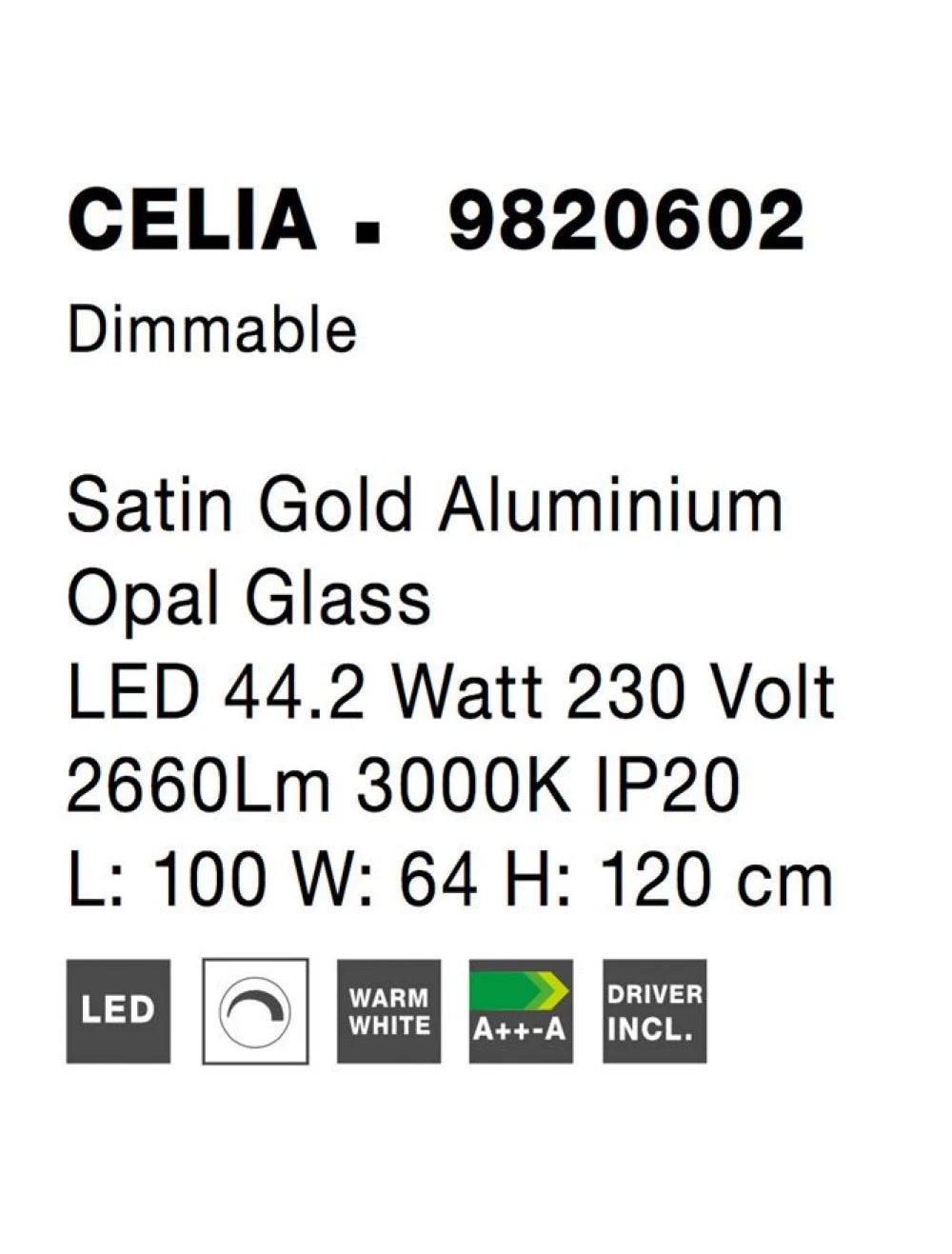 Lustra structura din Aluminiu Auriu si abajur din Sticla Alb H120xL100cm IP20 45W 4751lm 3000k CELIA