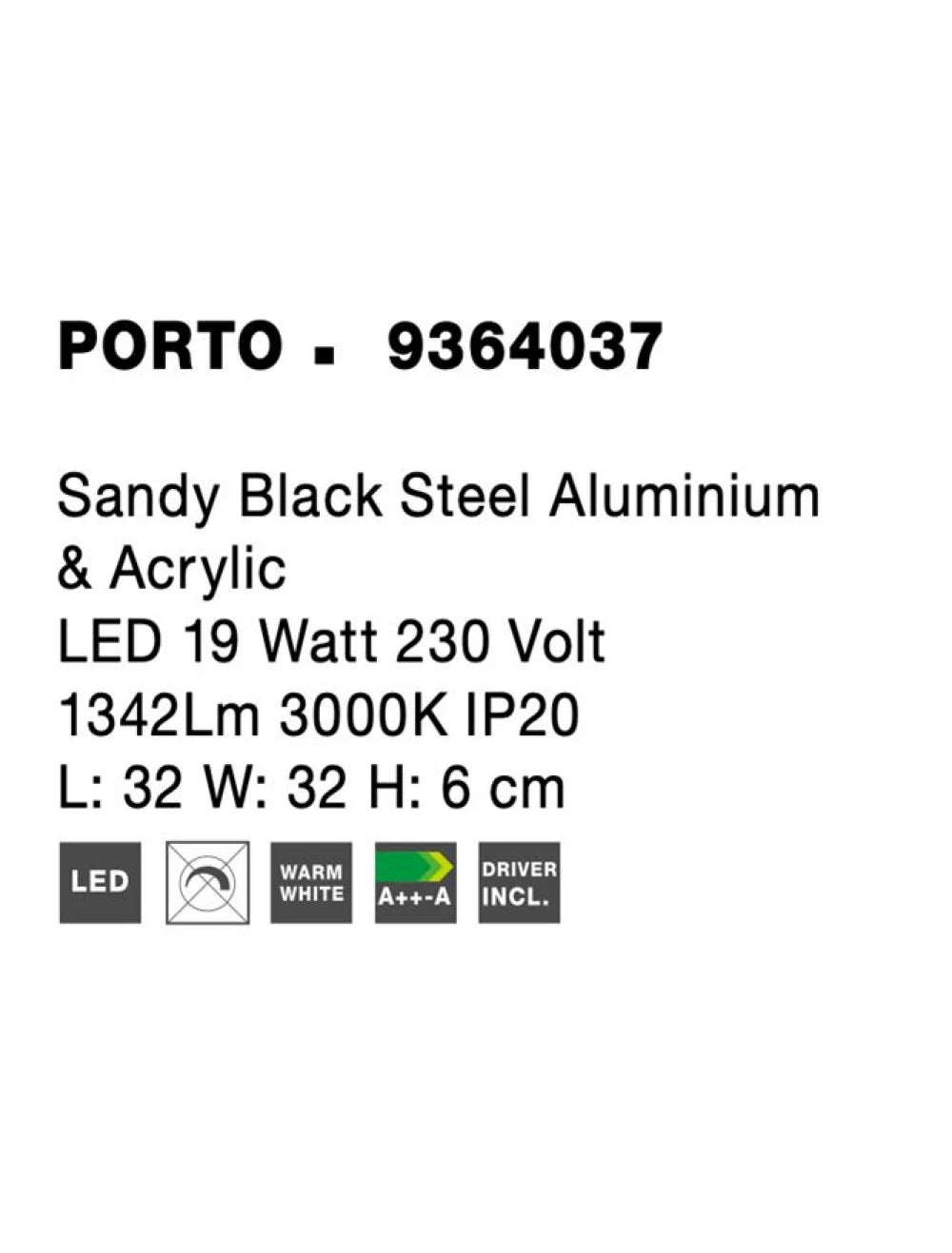 Plafoniera din Aluminiu Negru H6xL32cm IP20 19W 1342lm 3000k PORTO