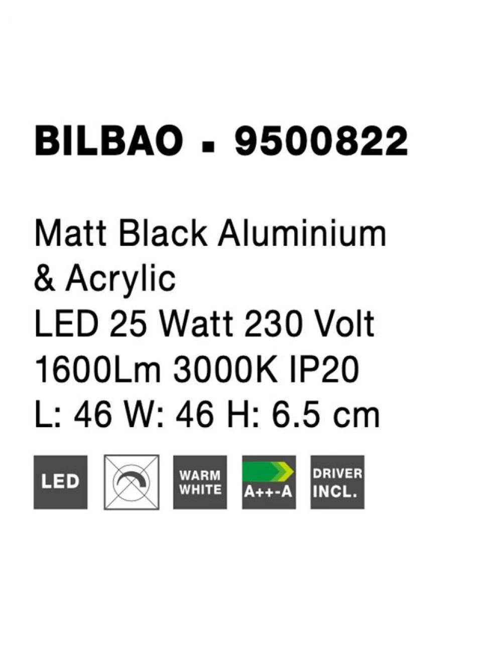 Plafoniera din Aluminiu Negru H6.5xL46cm IP20 25W 1600lm 3000k BILBAO