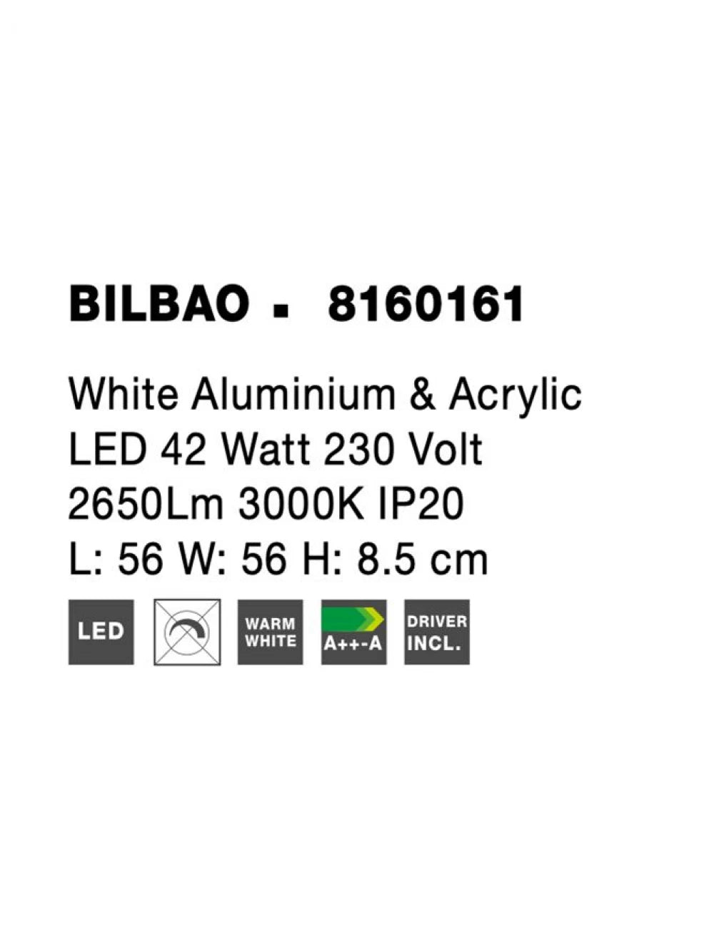 Plafoniera structura din Aluminiu Alb si abajur din Acrilic H8.5xL56cm IP20 42W 2650lm 3000k BILBAO