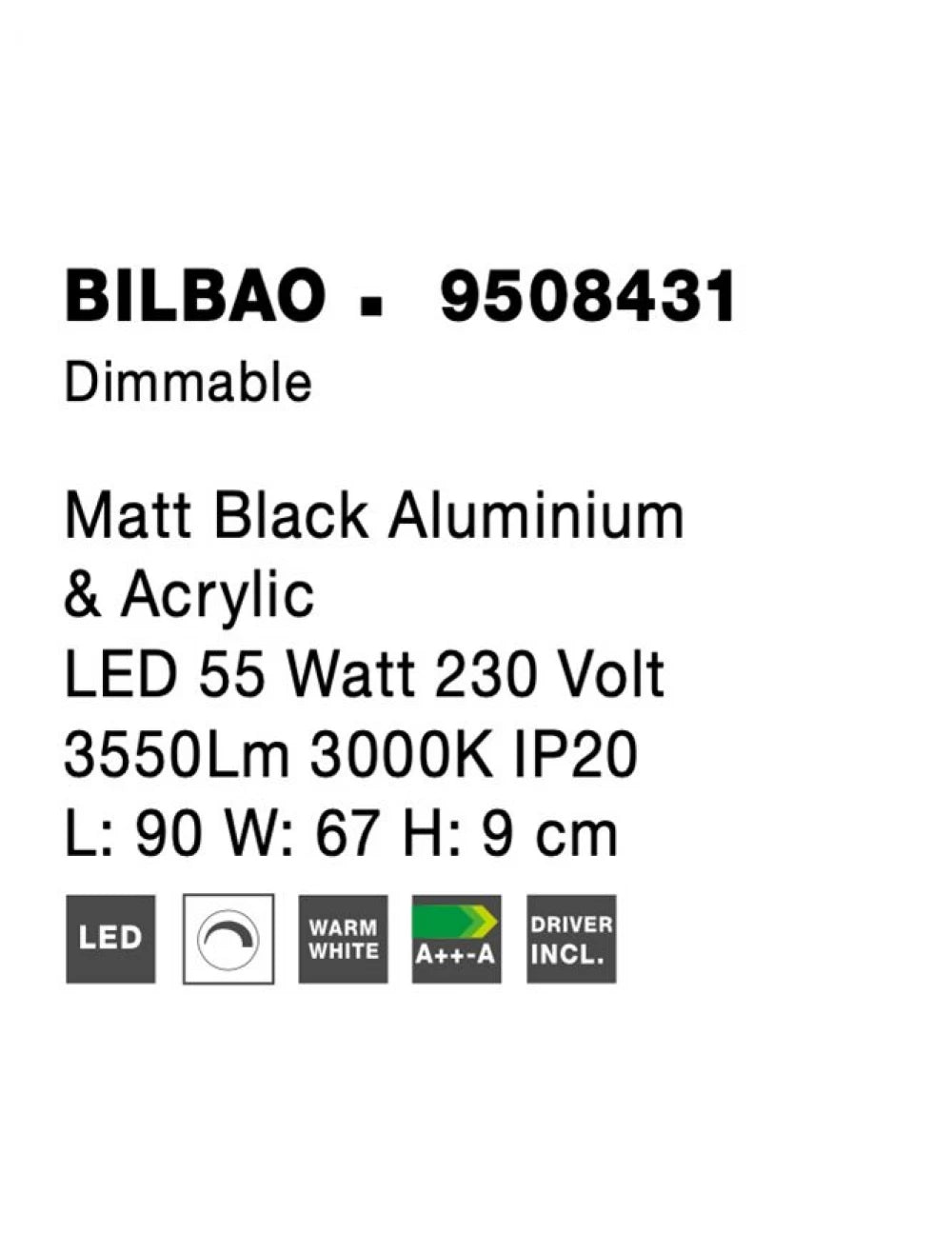 Plafoniera din Aluminiu Negru H9xL90cm IP20 55W 3550lm 3000k BILBAO