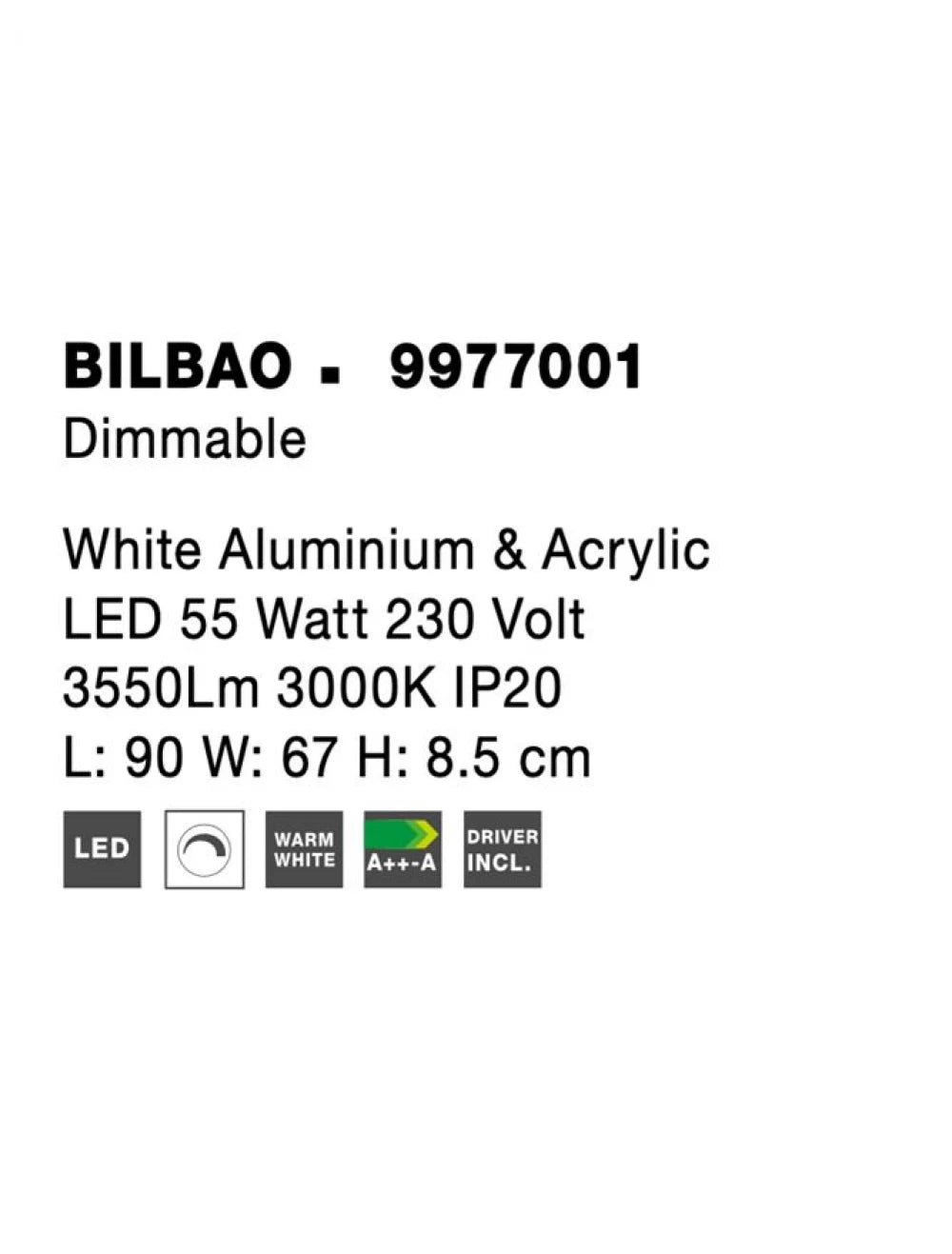 Plafoniera structura din Aluminiu Alb si abajur din Acrilic H9xL90cm IP20 55W 3550lm 3000k BILBAO