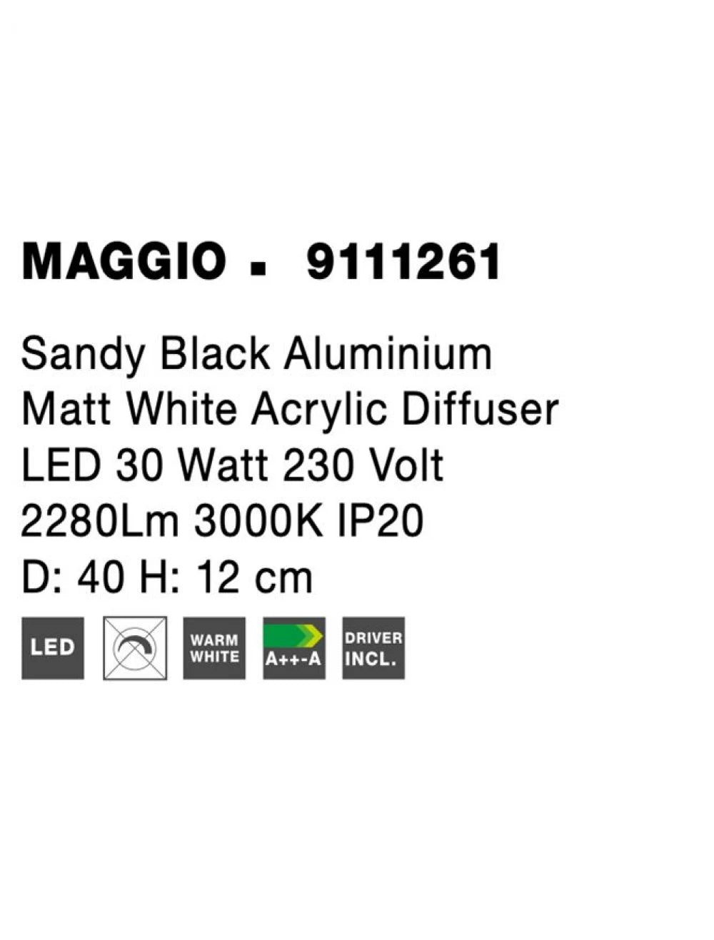 Plafoniera din Aluminiu Negru H12xL40cm IP20 24W 2280lm 3000k MAGGIO