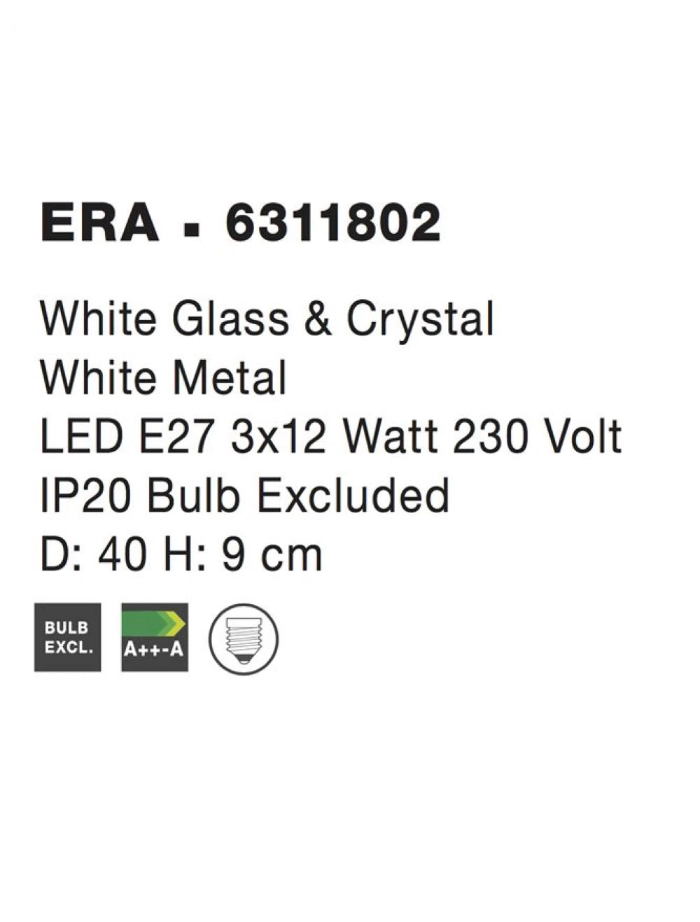 Plafoniera structura din Metal Alb si abajur din Sticla si Cristal Alb/Transparent H9xL40cm IP20 ERA