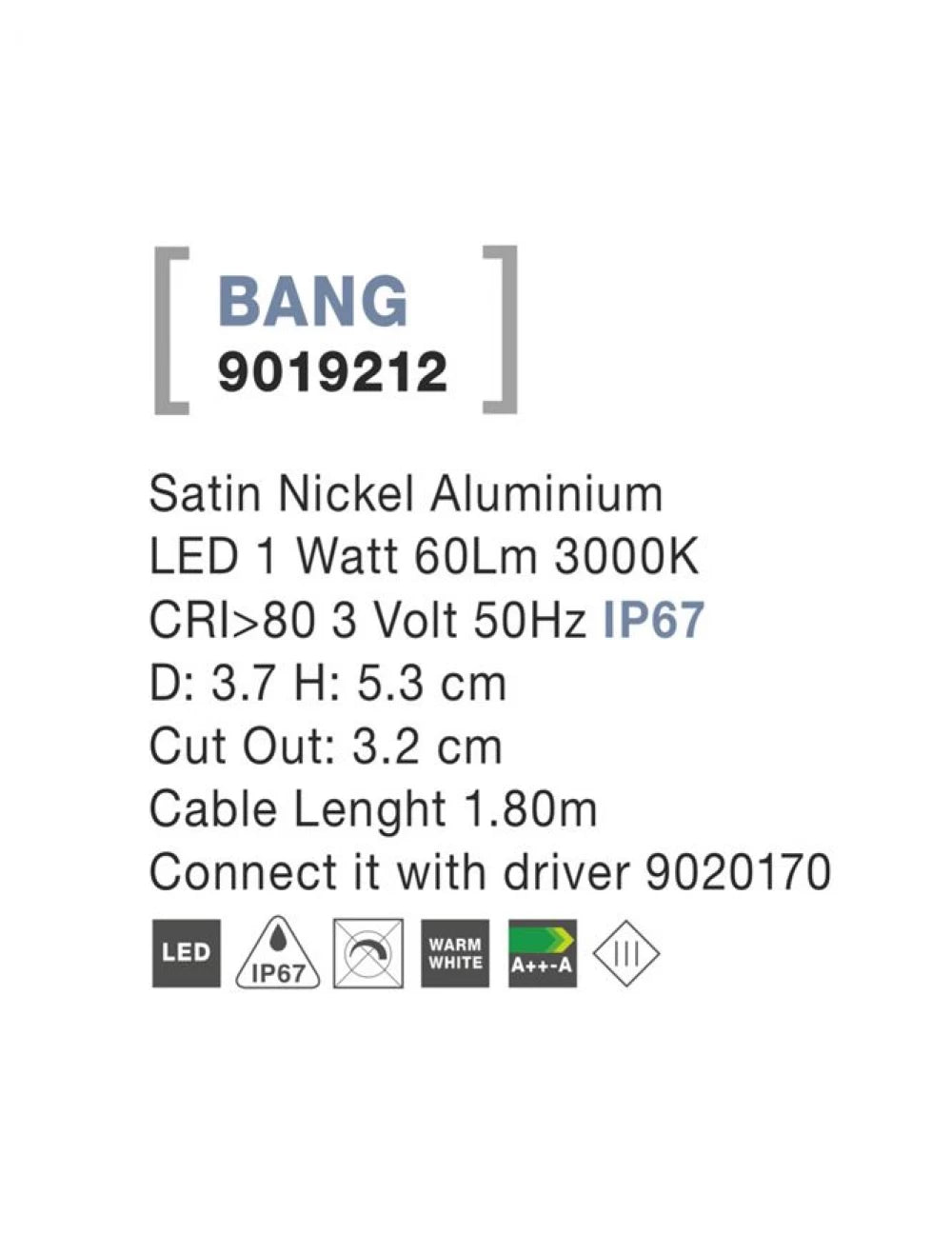 Spot incastrat pentru scari din Aluminiu Argintiu H5.3xL3.7cm IP67 1W 60lm 3000k BANG