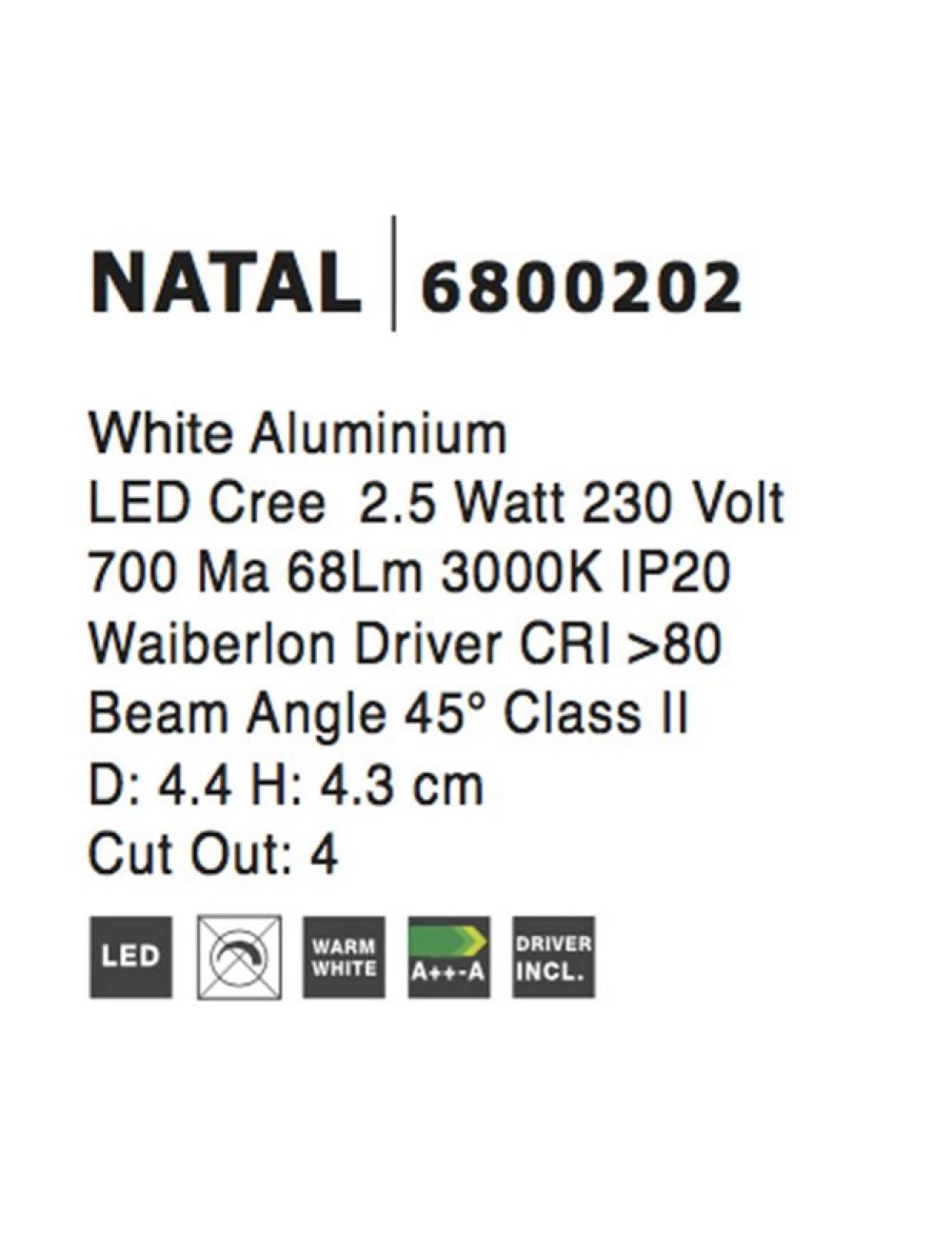 Spot incastrat pentru scari din Aluminiu Alb H4.3xL4.4cm IP20 2.5W 700lm 3000k NATAL