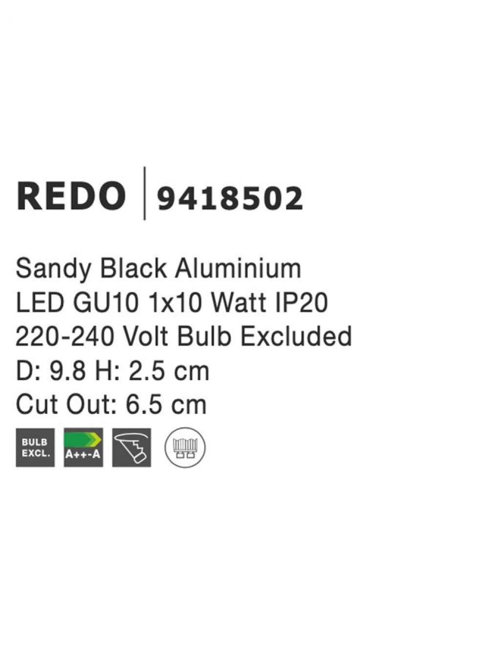 Spot incastrat din Aluminiu Negru H2.5xL9.8cm IP20 LED GU10 REDO