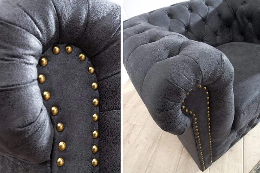 Fotoliu tapitat cu Microfibra Gri cu picioare din Lemn masiv Negru H70xL105xA85cm Chesterfield