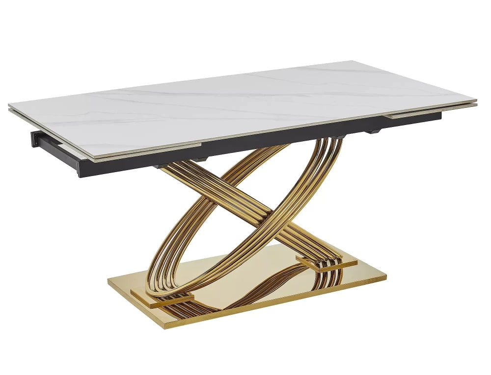 Masa extensibila cu blat din Ceramica cu efect de marmura Alb cu baza din Otel inoxidabil Auriu L160-240x75cm Hermes