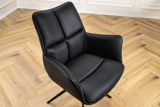 Scaun rotativ cu brate tapitat cu Piele naturala Negru si picioare din Metal Negru H89xL62xA64cm Papillon