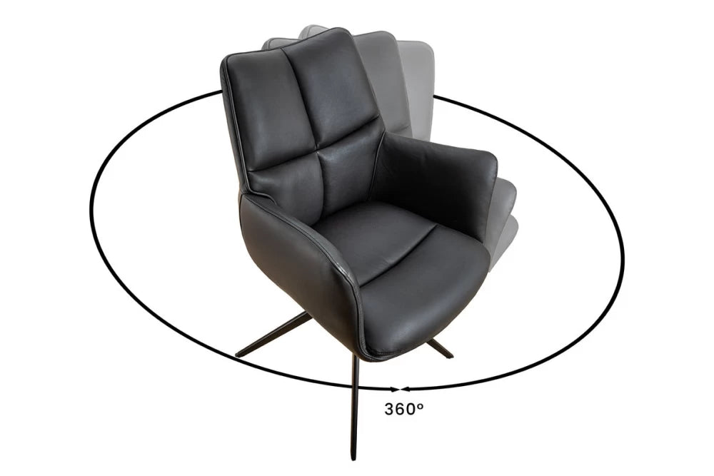 Scaun rotativ cu brate tapitat cu Piele naturala Negru si picioare din Metal Negru H89xL62xA64cm Papillon
