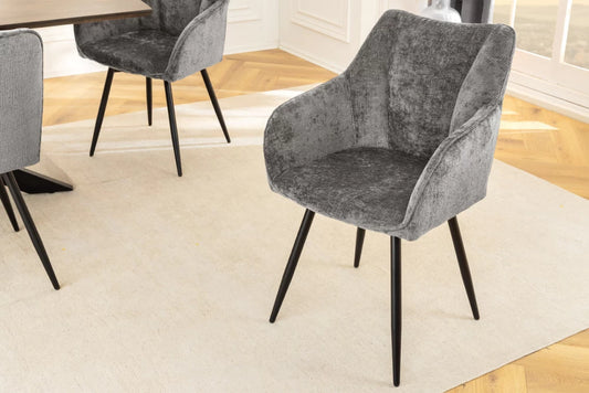 Set 2 scaune rotative cu brate tapitat cu Chenille Gri si picioare din Metal Negru H85xL55xA58cm Avignon