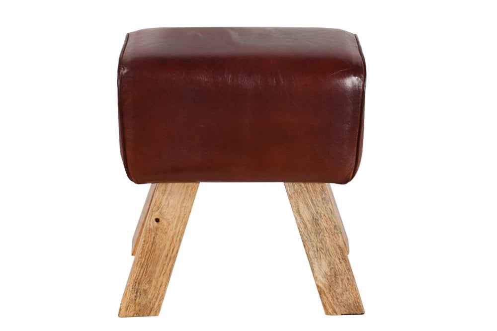 Taburet din Lemn de mango Maro si Piele naturala Maro H45xL40cm Bock
