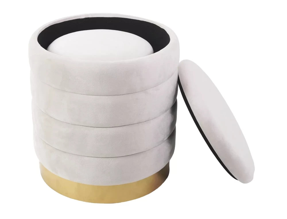 Set 2 tabureti cu spatiu depozitare tapitat cu Catifea Bej D30/40xH38/45cm Britta