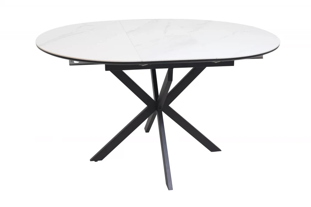 Masa extensibila cu blat din Ceramica Alb mat cu picioare din Metal Negru mat L100-135cm Gaston