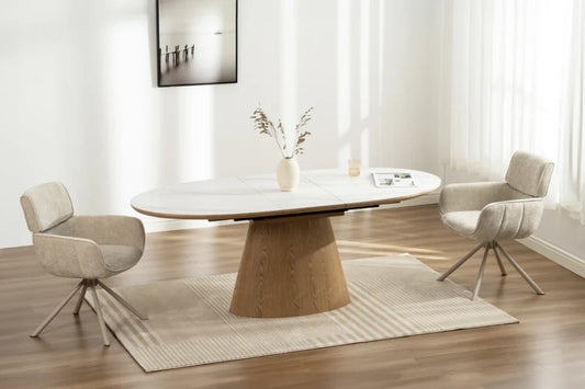 Masa extensibila din Ceramica cu efect de Marmura si Furnir de stejar L160-200xH76cm Unique