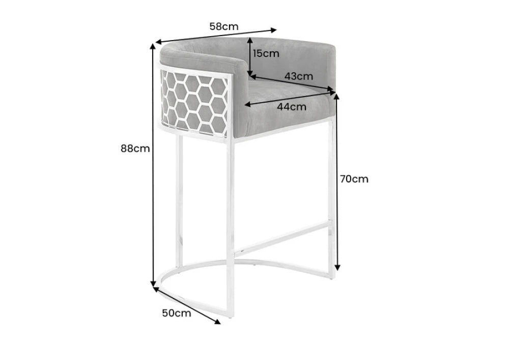 Scaun de bar din Catifea Gri si Otel inoxidabil Argintiu Hx88Lx58xA50cm Elegance