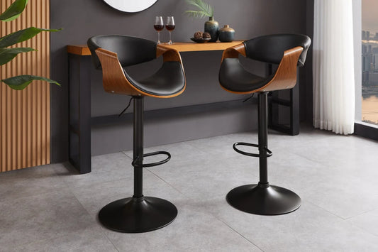 Scaun de bar rotativ cu inaltime reglabila din Piele artificiala Negru si Metal/Furnir de nuc Negru/Maro Hx89-110Lx52xA53cm Organic