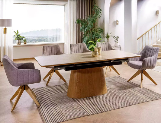 Masa extensibila din Ceramica Bej cu efect de travertin si MDF+Furnir de nuc Maro L160-200xH75cm Monaco