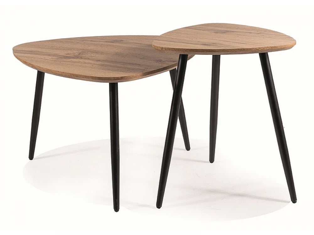 Set 2 masute de cafea din Metal Negru mat si MDF+Furnir Maro L40/60xH48/40cm Twin