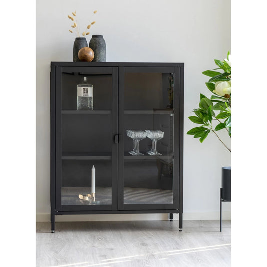 Comoda cu 2 usi din Sticla transparenta si Metal Negru L80xH101cm Brisbane