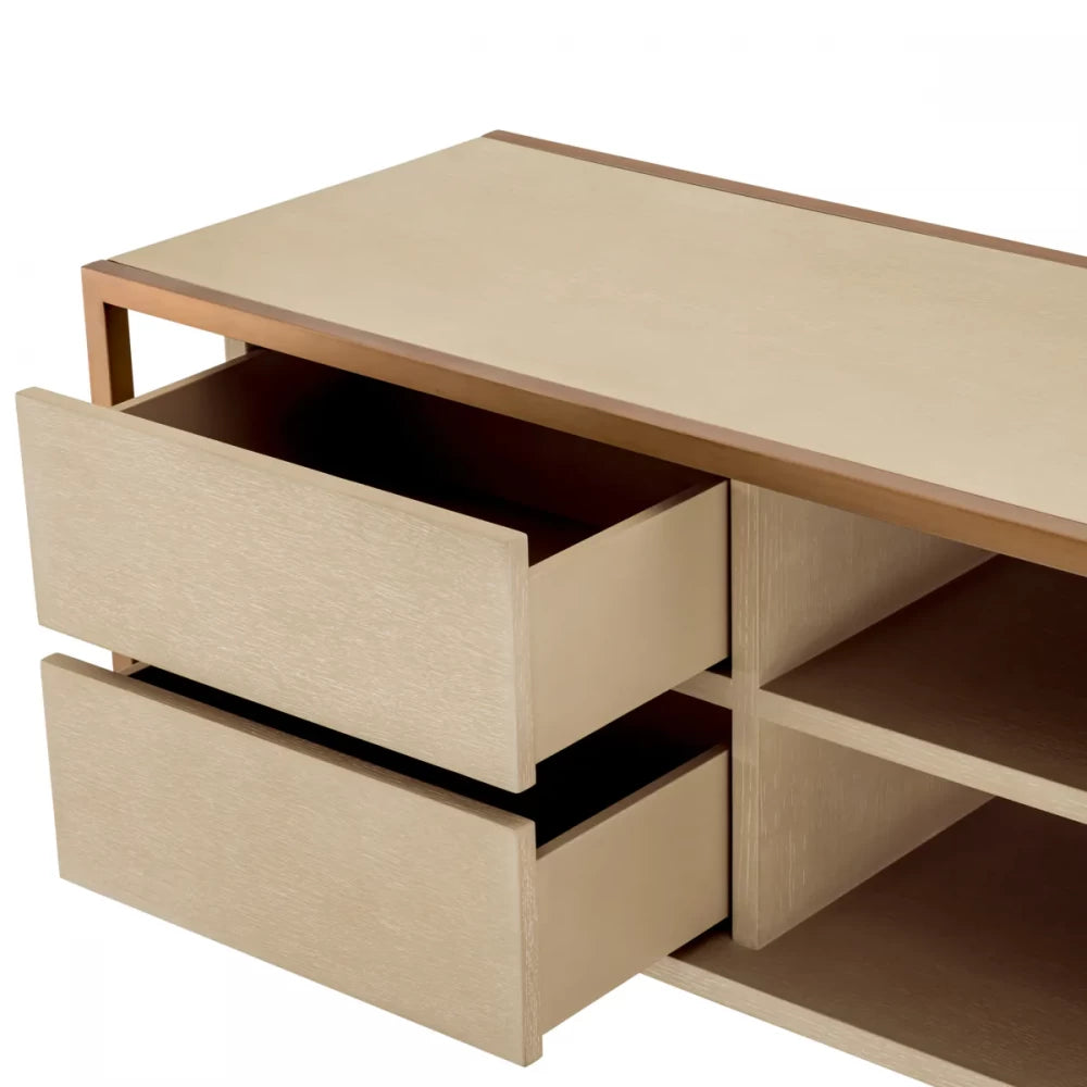 Comoda TV din Furnir de stejar Maro deschis si Metal Alama L220xH56cm Wilmot Eichholtz