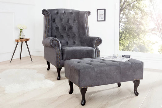 Puf din Lemn Maro inchis si Microfibra Gri H40xL80cm Chesterfield