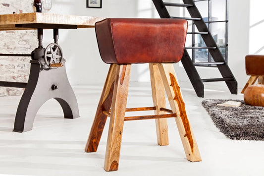 Scaun de bar din Lemn de mango Maro si Piele naturala Maro H75xL55cm Bock