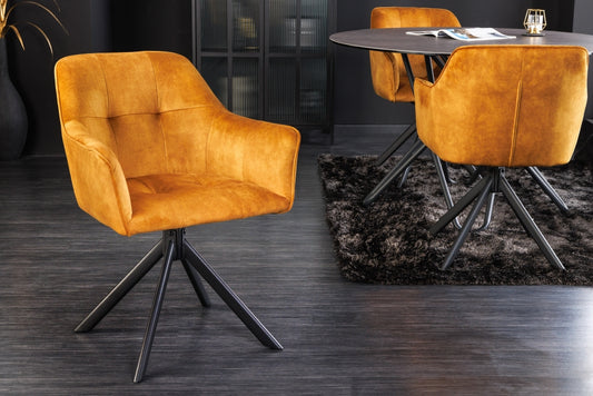 Set 2 scaune rotative tapitat cu Catifea Galben cu picioare din Metal Negru H83xL60xA61cm Loft