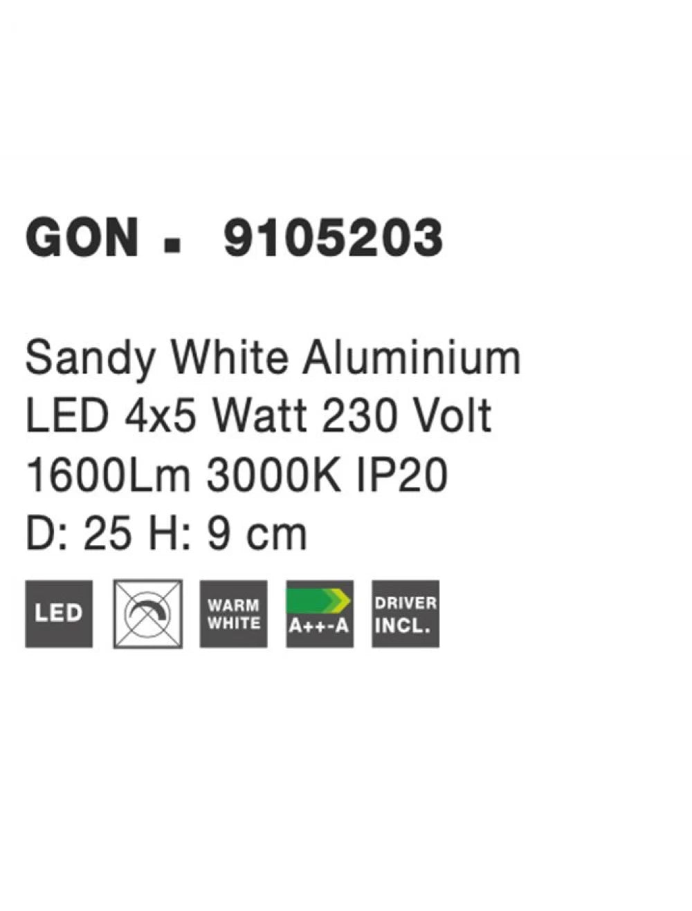 Plafoniera din Aluminiu Alb H9xL25cm IP20 20W 1600lm 3000k GON