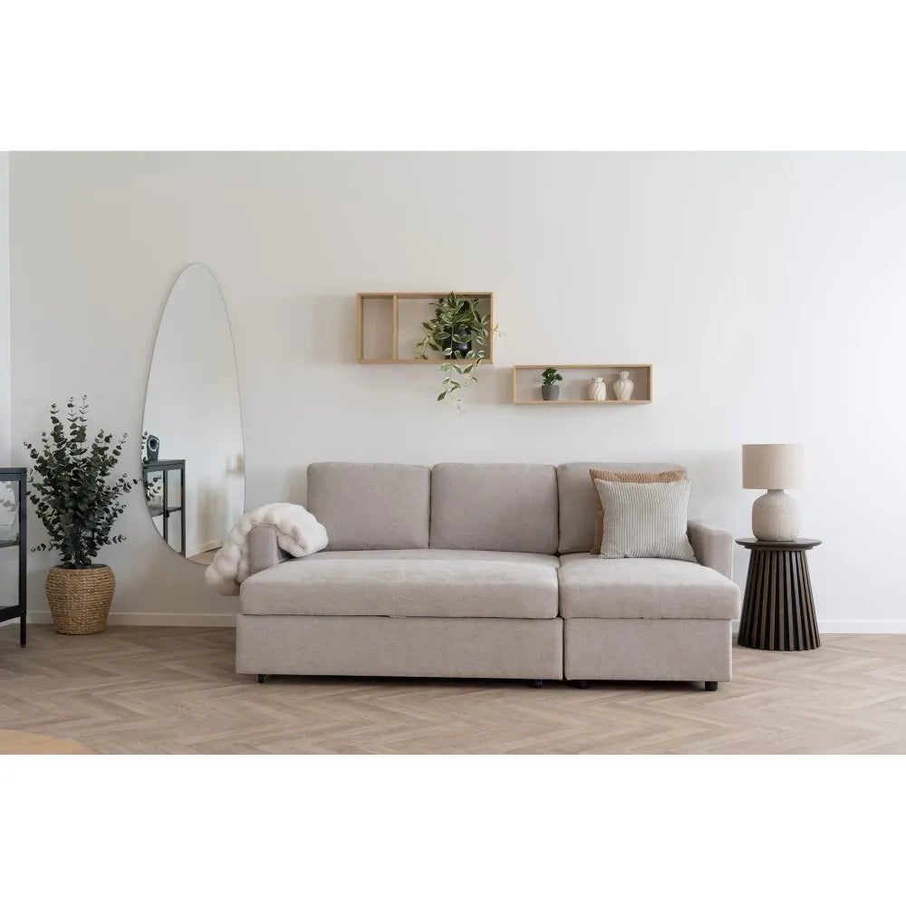 Coltar extensibil cu orientare reversibila si spatiu depozitare tapitat cu Stofa Bej L218xH87cm Belfast