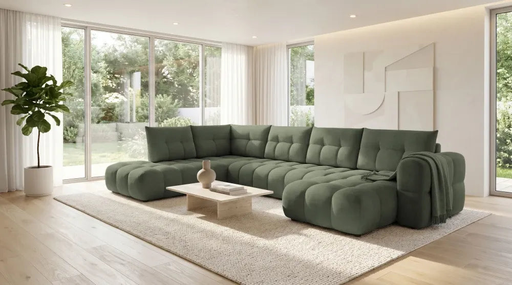 Coltar in forma de U tapitat cu material pet friendly Alias verde L374 x 219cm